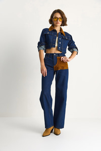 Kadın Kadife Yaka Ceket Renk Bloklu Wide Leg Pantolon Denim Takım 6087 60283532 - Lacivert ALT - ÜST TAKIM modelleri