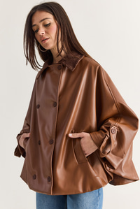 Kadın Kadife Yaka Çift Düğmeli Astarlı Oversize Suni Deri Panço 1160 60286761 - Taba DIŞ GİYİM modelleri