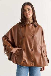 Kadın Kadife Yaka Çift Düğmeli Astarlı Oversize Suni Deri Panço 1160 60286761 - Taba DIŞ GİYİM modelleri