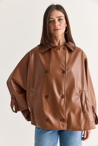 Kadın Kadife Yaka Çift Düğmeli Astarlı Oversize Suni Deri Panço 1160 60286761 - Taba DIŞ GİYİM modelleri