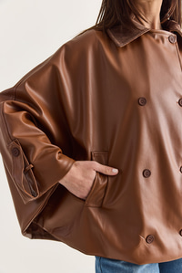 Kadın Kadife Yaka Çift Düğmeli Astarlı Oversize Suni Deri Panço 1160 60286761 - Taba DIŞ GİYİM modelleri