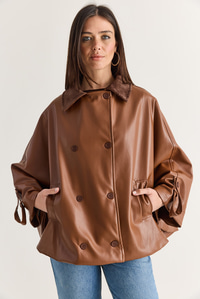 Kadın Kadife Yaka Çift Düğmeli Astarlı Oversize Suni Deri Panço 1160 60286761 - Taba DIŞ GİYİM modelleri