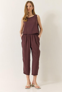 Kadın Kalın Askılı Bluz Beli Lastikli Pantolon Modal Takım 3089 60283231 - Patlıcan
