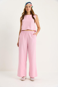 Kadın Kalın Askılı Bluz Beli Lastikli Cep Detaylı Bol Pantolonlu Keten Takım 9384 60281086 - Toz Pembe