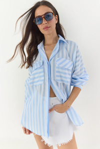 Kadın Kalın Çizgili Çift Cep Detaylı Oversize Basic Yazlık Gömlek 34399-1 60283249 - Bebe Mavisi