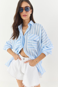 Kadın Kalın Çizgili Çift Cep Detaylı Oversize Basic Yazlık Gömlek 34399-1 60283249 - Bebe Mavisi