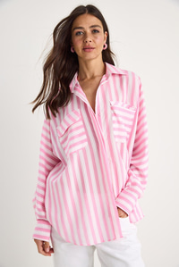 Kadın Kalın Çizgili Çift Cep Detaylı Oversize Basic Yazlık Gömlek 34399-1 60283249 - Şeker Pembe