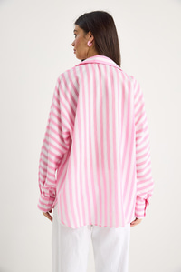 Kadın Kalın Çizgili Çift Cep Detaylı Oversize Basic Yazlık Gömlek 34399-1 60283249 - Şeker Pembe