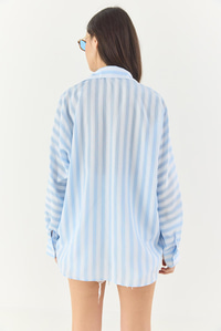Kadın Kalın Çizgili Çift Cep Detaylı Oversize Basic Yazlık Gömlek 34399-1 60283249 - Bebe Mavisi