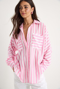 Kadın Kalın Çizgili Çift Cep Detaylı Oversize Basic Yazlık Gömlek 34399-1 60283249 - Şeker Pembe