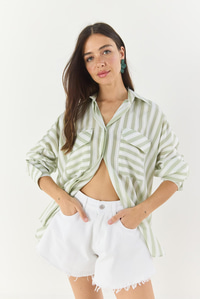 Kadın Kalın Çizgili Çift Cep Detaylı Oversize Basic Yazlık Gömlek 34399-1 60283249 - Mint Yeşili