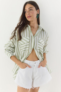 Kadın Kalın Çizgili Çift Cep Detaylı Oversize Basic Yazlık Gömlek 34399-1 60283249 - Mint Yeşili