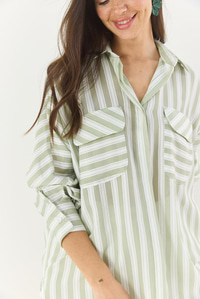 Kadın Kalın Çizgili Çift Cep Detaylı Oversize Basic Yazlık Gömlek 34399-1 60283249 - Mint Yeşili