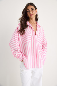 Kadın Kalın Çizgili Çift Cep Detaylı Oversize Basic Yazlık Gömlek 34399-1 60283249 - Şeker Pembe