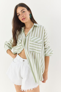 Kadın Kalın Çizgili Çift Cep Detaylı Oversize Basic Yazlık Gömlek 34399-1 60283249 - Mint Yeşili