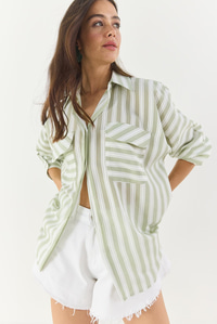 Kadın Kalın Çizgili Çift Cep Detaylı Oversize Basic Yazlık Gömlek 34399-1 60283249 - Mint Yeşili