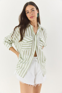 Kadın Kalın Çizgili Çift Cep Detaylı Oversize Basic Yazlık Gömlek 34399-1 60283249 - Mint Yeşili