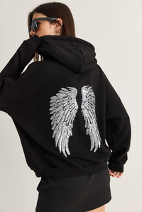 Kadın Kanat Detaylı Taş İşlemeli Kapüşonlu Kanguru Cepli Sweatshirt 4197 60286519 - Siyah SWEATSHİRT modelleri