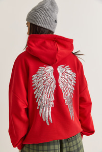 Kadın Kanat Detaylı Taş İşlemeli Kapüşonlu Kanguru Cepli Sweatshirt 4197 60286519 - Kırmızı SWEATSHİRT modelleri