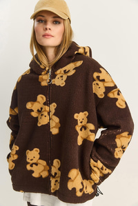 Kadın Kapüşonlu Cep Detaylı Teddy Oversize Polar Sweatshirt 4133 60283893 - Kahverengi SWEATSHİRT modelleri