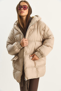 Kadın Kapüşonlu Oversize Yarasa Kol Şişme Mont 60283686 - Bej DIŞ GİYİM modelleri