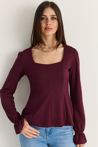 Kadın Kare Yaka Büzgülü Kol Detaylı Bluz Modal 588 60286493 - Mürdüm BLUZ modelleri