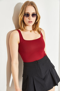 Kadın Kare Yaka Kalın Askılı Crop Atlet 60251254 - Bordo BLUZ modelleri