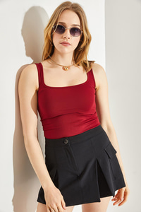 Kadın Kare Yaka Kalın Askılı Crop Atlet 60251254 - Bordo BLUZ modelleri