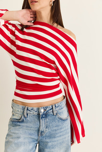 Kadın Kayık Yaka Beli Büzgülü Kalın Çizgiili Drapeli Örme Bluz 6209 60286520 - Kırmızı BLUZ modelleri