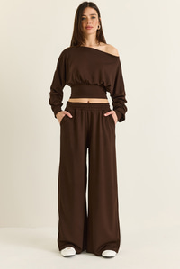 Kadın Kayık Yaka Beli Korseli Crop Bluz Cep Detaylı Palazzo Pantolon Modal Takım 36049 60286542 - Acı Kahve ALT - ÜST TAKIM modelleri
