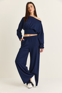 Kadın Kayık Yaka Beli Korseli Crop Bluz Cep Detaylı Palazzo Pantolon Modal Takım 36049 60286542 - Lacivert ALT - ÜST TAKIM modelleri