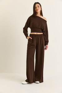 Kadın Kayık Yaka Beli Korseli Crop Bluz Cep Detaylı Palazzo Pantolon Modal Takım 36049 60286542 - Acı Kahve ALT - ÜST TAKIM modelleri