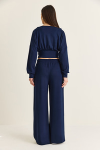 Kadın Kayık Yaka Beli Korseli Crop Bluz Cep Detaylı Palazzo Pantolon Modal Takım 36049 60286542 - Lacivert ALT - ÜST TAKIM modelleri