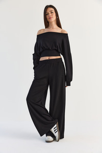 Kadın Kayık Yaka Beli Korseli Crop Bluz Cep Detaylı Palazzo Pantolon Modal Takım 36049 60286542 - Siyah ALT - ÜST TAKIM modelleri