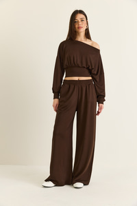 Kadın Kayık Yaka Beli Korseli Crop Bluz Cep Detaylı Palazzo Pantolon Modal Takım 36049 60286542 - Acı Kahve ALT - ÜST TAKIM modelleri