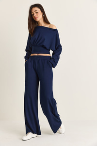 Kadın Kayık Yaka Beli Korseli Crop Bluz Cep Detaylı Palazzo Pantolon Modal Takım 36049 60286542 - Lacivert ALT - ÜST TAKIM modelleri