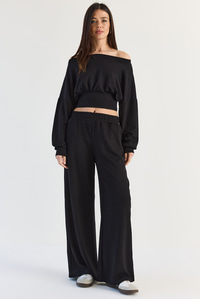 Kadın Kayık Yaka Beli Korseli Crop Bluz Cep Detaylı Palazzo Pantolon Modal Takım 36049 60286542 - Siyah ALT - ÜST TAKIM modelleri