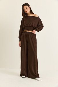 Kadın Kayık Yaka Beli Korseli Crop Bluz Cep Detaylı Palazzo Pantolon Modal Takım 36049 60286542 - Acı Kahve ALT - ÜST TAKIM modelleri