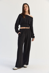 Kadın Kayık Yaka Beli Korseli Crop Bluz Cep Detaylı Palazzo Pantolon Modal Takım 36049 60286542 - Siyah ALT - ÜST TAKIM modelleri