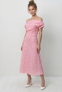 Kadın Kayık Yaka Drape Detaylı Puantiyeli Midi Elbise 8708 60286184 - Pembe-Ekru ELBİSE modelleri