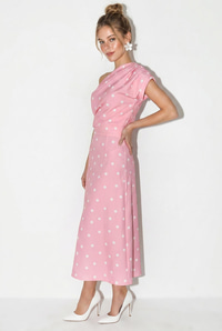 Kadın Kayık Yaka Drape Detaylı Puantiyeli Midi Elbise 8708 60286184 - Pembe-Ekru ELBİSE modelleri
