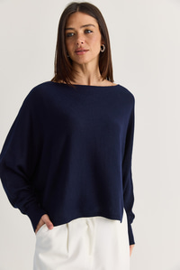 Kadın Kayık Yaka Oversize Kollu Merserize Pelerin Triko Bluz TK261145 60286540 - Lacivert BLUZ modelleri