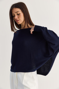 Kadın Kayık Yaka Oversize Kollu Merserize Pelerin Triko Bluz TK261145 60286540 - Lacivert BLUZ modelleri