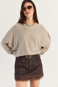 Kadın Kayık Yaka Oversize Kollu Merserize Pelerin Triko Bluz TK261145 60286540 - Bej BLUZ modelleri