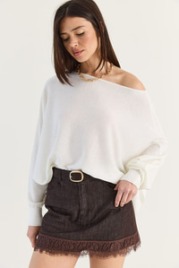 Kadın Kayık Yaka Oversize Kollu Merserize Pelerin Triko Bluz TK261145 60286540 - Krem BLUZ modelleri