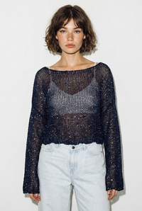 Kadın Kayık Yaka Pullu File Dokulu Yarasa Kollu Crop Bluz 2765 60286345 - Lacivert BLUZ modelleri