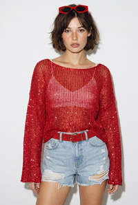 Kadın Kayık Yaka Pullu File Dokulu Yarasa Kollu Crop Bluz 2765 60286345 - Kırmızı BLUZ modelleri
