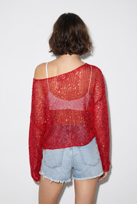 Kadın Kayık Yaka Pullu File Dokulu Yarasa Kollu Crop Bluz 2765 60286345 - Kırmızı BLUZ modelleri