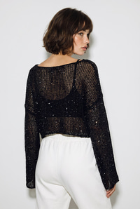 Kadın Kayık Yaka Pullu File Dokulu Yarasa Kollu Crop Bluz 2765 60286345 - Siyah BLUZ modelleri