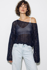 Kadın Kayık Yaka Pullu File Dokulu Yarasa Kollu Crop Bluz 2765 60286345 - Lacivert BLUZ modelleri